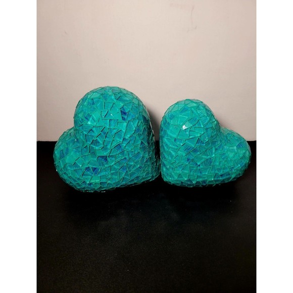 Vintage Teal Mosaic Art Glass Hearts Set Of 2 Tabletop 6"+ 5" Paperweight Decor - Picture 8 of 11
